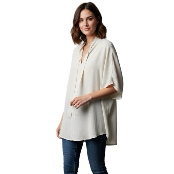 SHEIN Cream Tie-Neck V-Neck Dolman Sleeve Oversized Flowy sheer Blouse Top L - Picture 1 of 14